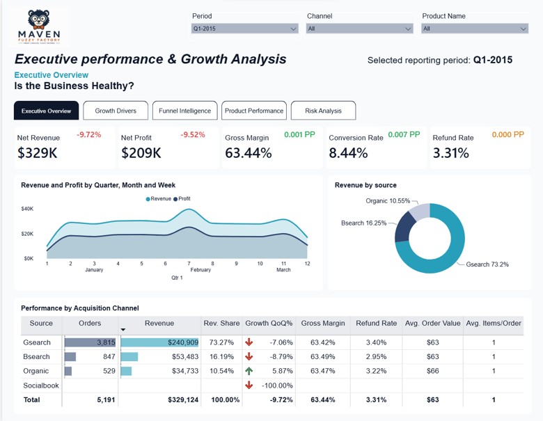 E-commerce executive performance dashboard built by a Lumify learner